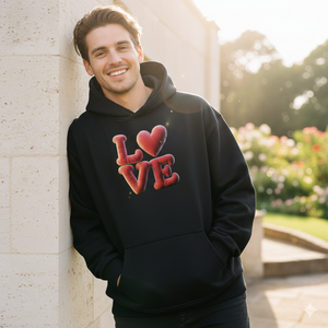 Mann in schwarzen Oversized Bio-Hoodies mit 3D-Love-Ballon Print, urbanes Loft, offene Augen, Lifestyle