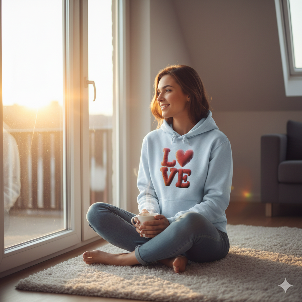 Premium Hoodie mit 3D-Herz-Ballon Print, Frau lächelt in hellem Raum, kuscheliger Lifestyle-Look, emotionale Markenwelt
