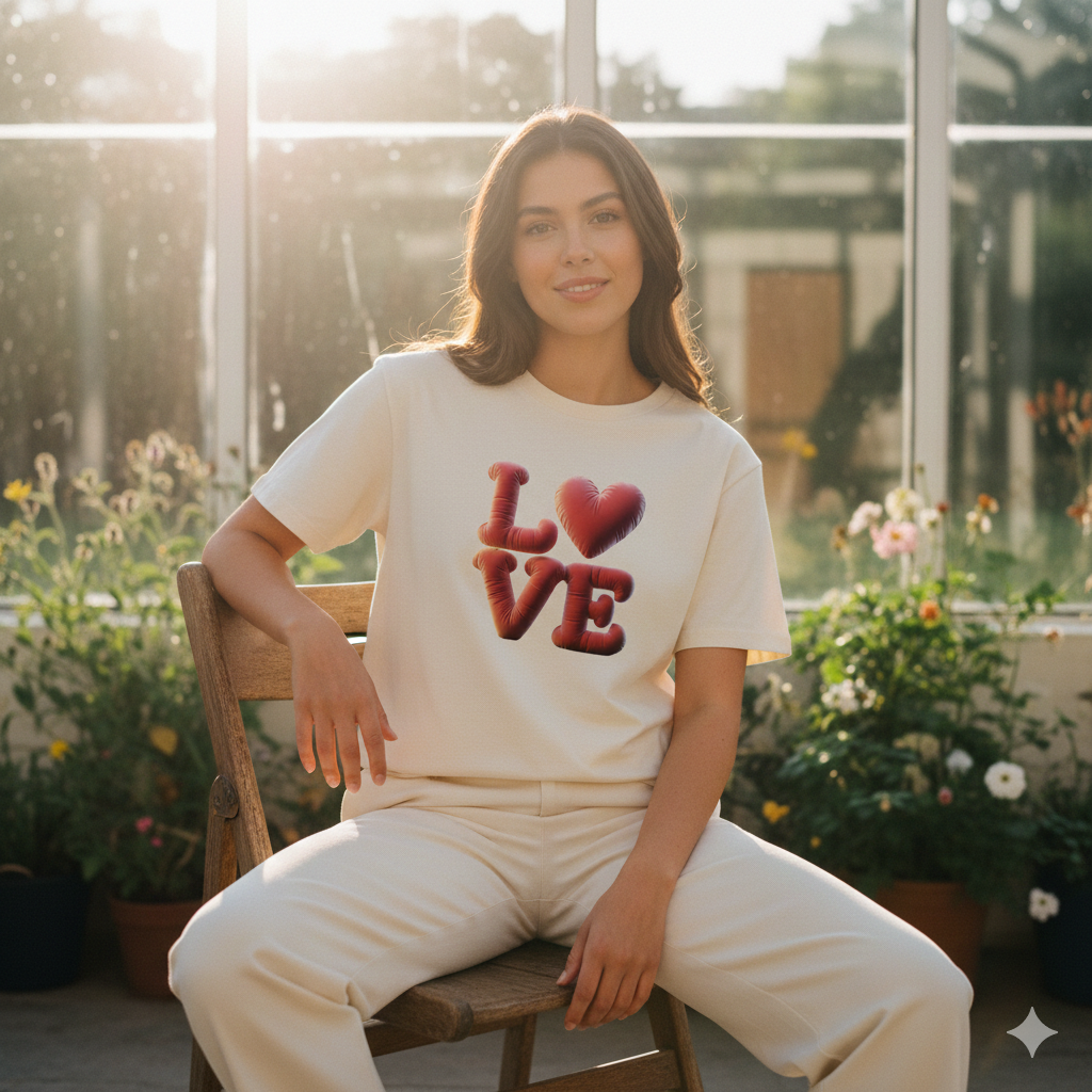 Frau in hellem Bio-T-Shirt mit 3D-Herz-Ballon Print, offene Augen, lächelnd in sonnigem Studio, BLA Vibe