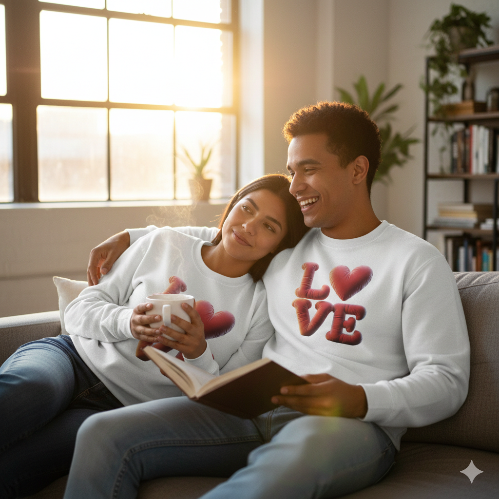 Paar in hellem Organic Sweatshirt mit 3D-Love-Herz, offene Augen, lächelnd in lichtdurchflutetem Raum, BLA Vibe