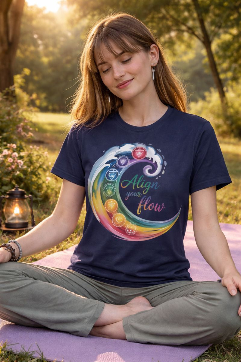 Premium T-Shirt mit Align your flow Chakra-Design von Bright Light Arts im ruhigen Yoga-Lifestyle-Look