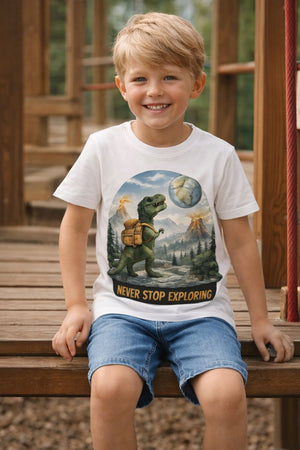 Premium Organic Shirt Kids mit NEVER STOP EXPLORING von Bright Light Arts im natürlichen Lifestyle-Look