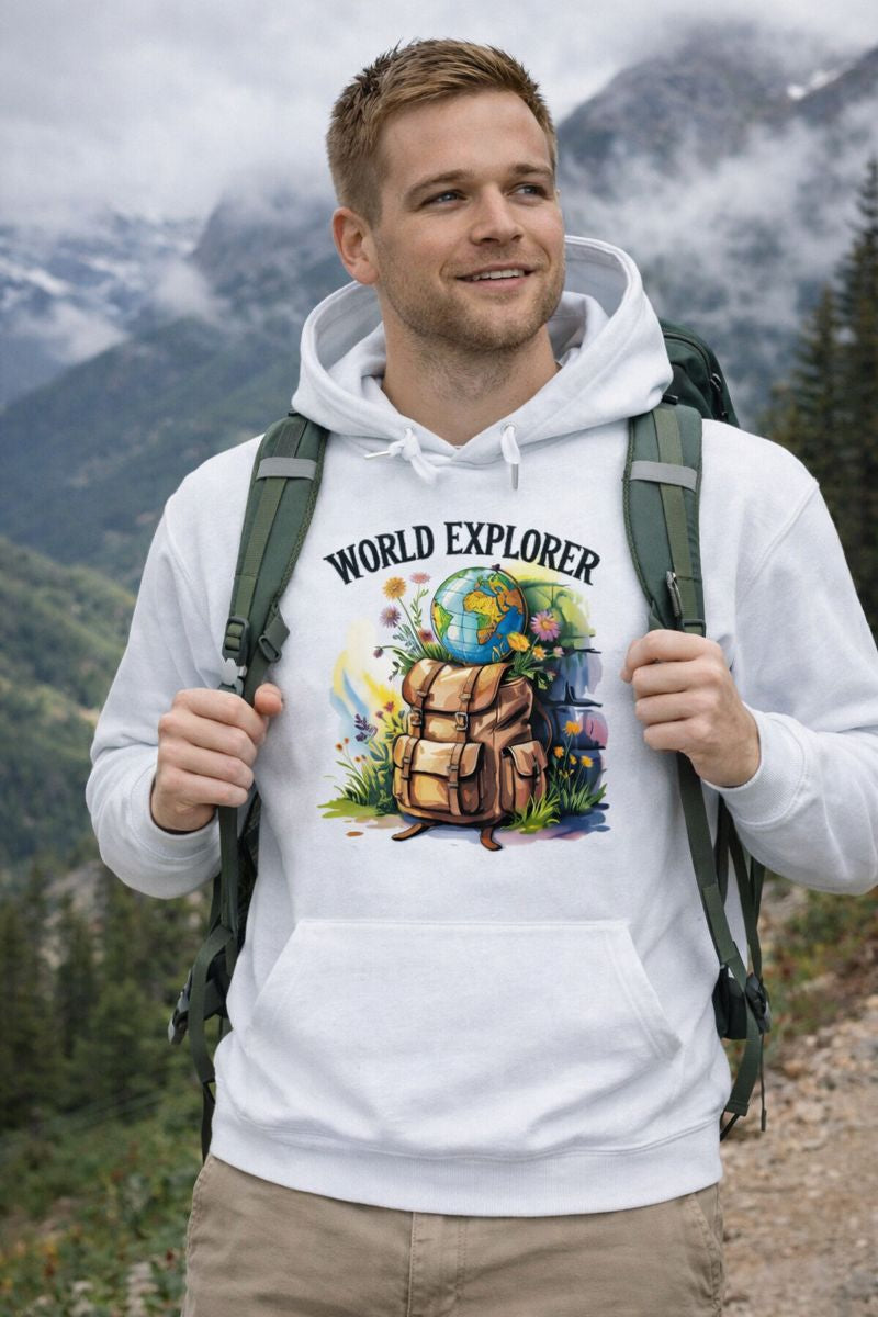 Premium Hoodie mit WORLD EXPLORER von Bright Light Arts im natürlichen Reise-Lifestyle-Look