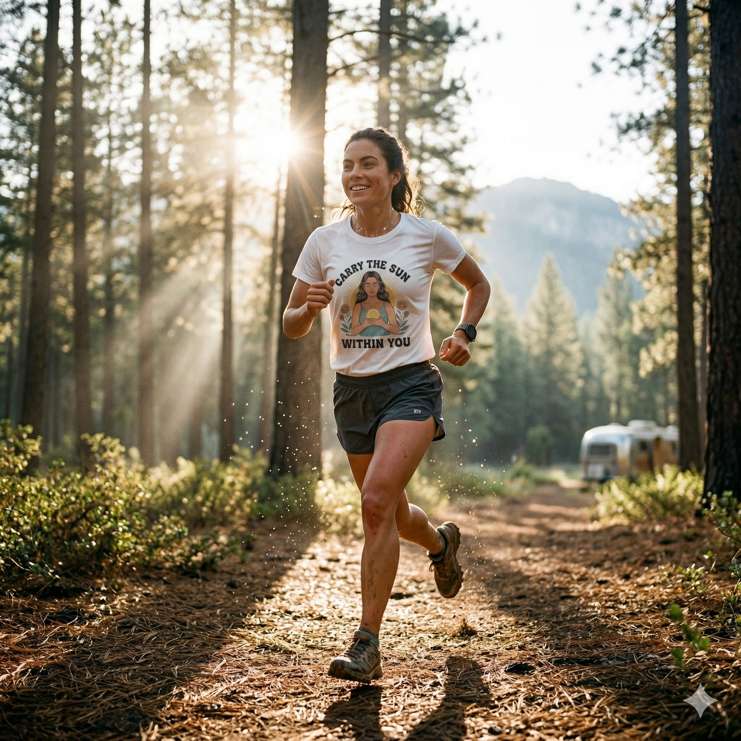Frau im sportlichen Funktionsshirt mit der Line-Art Illustration einer Frau und einer Sonne im Herzen beim Training.