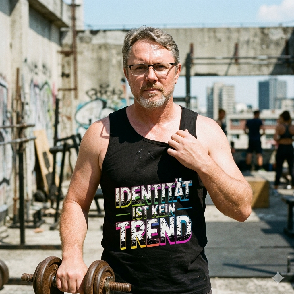 Mann im schwarzen Bio-Tanktop mit dem bunten Distressed-Schriftzug Identität ist kein Trend.