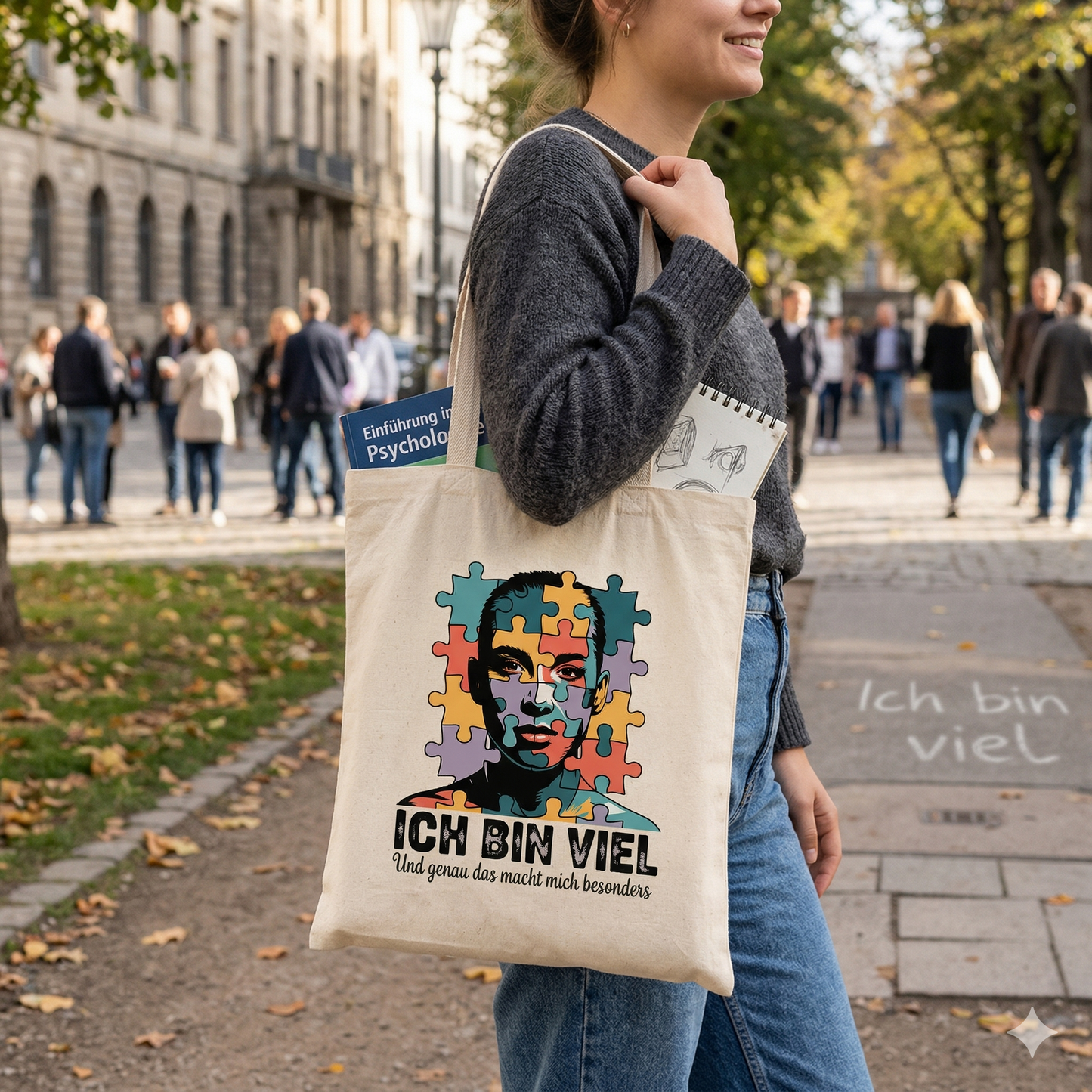 Hochwertiger schwarzer Jutebeutel mit künstlerischem Puzzle-Profil und Text Ich bin viel in einer Alltagssituation.