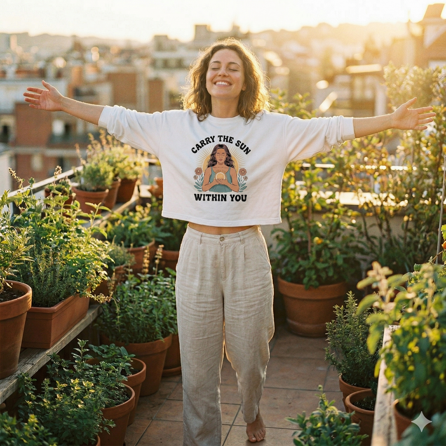 Frau im bauchfreien weißen Bio-Shirt mit der Line-Art Illustration einer Frau und einer Sonne im Herzen.