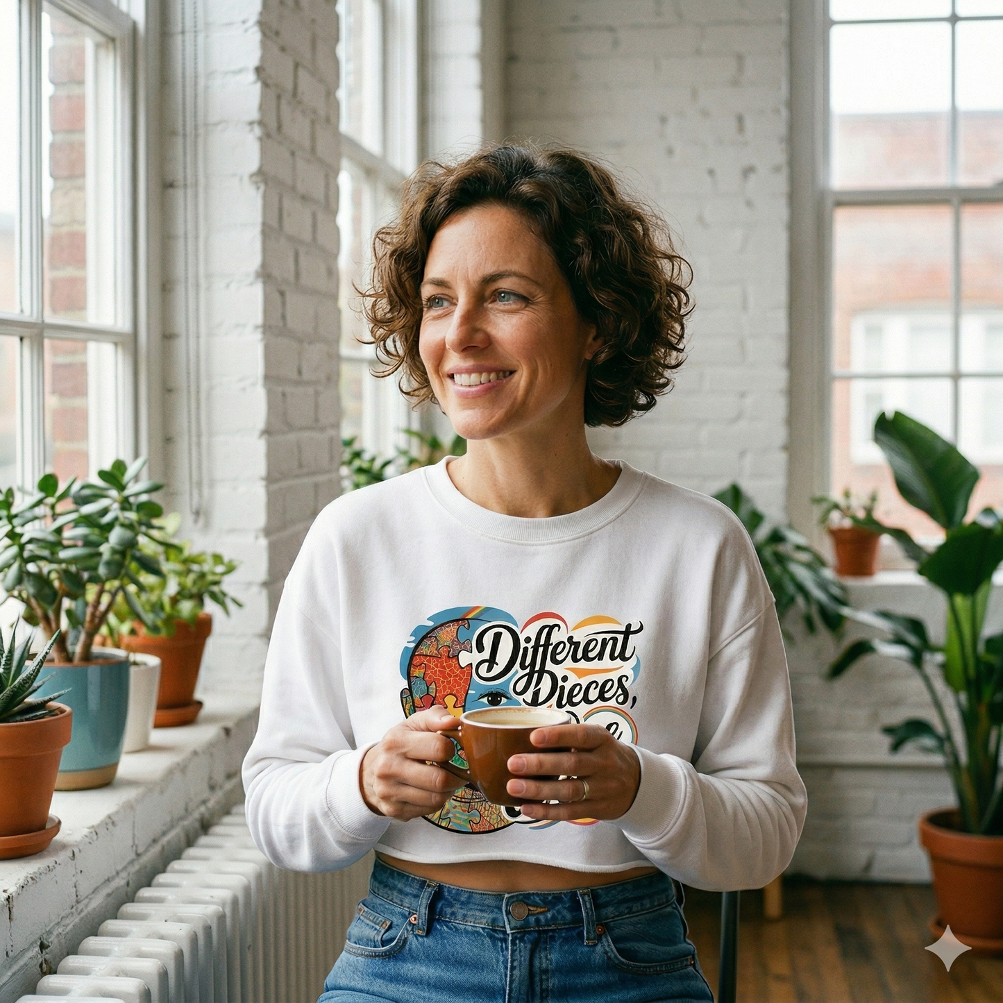 Frau im schwarzen bauchfreien Bright Lights Arts Shirt mit buntem Puzzle-Porträt und Slogan Different Pieces One World