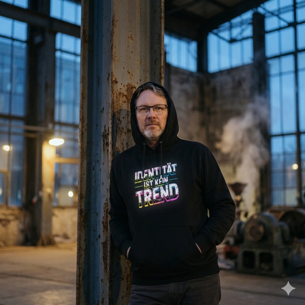 Person im schwarzen 280 GSM Bio-Hoodie mit dem Neon-Distressed-Schriftzug Identität ist kein Trend.