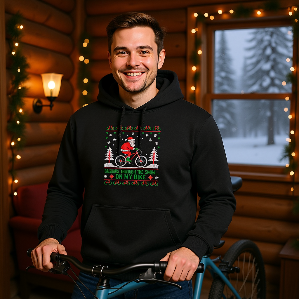 Dashing Through the Snow On My Bike Hoodie in Weihnachts-Hütte mit Fahrrad – Bright Light Arts, sportlich-festliches Design