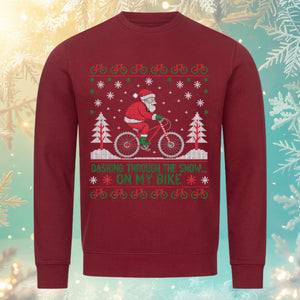 Dashing Through the Snow On My Bike Sweatshirt – Burgunder – Bright Light Arts, nachhaltiger Fahrrad-Weihnachtspullover