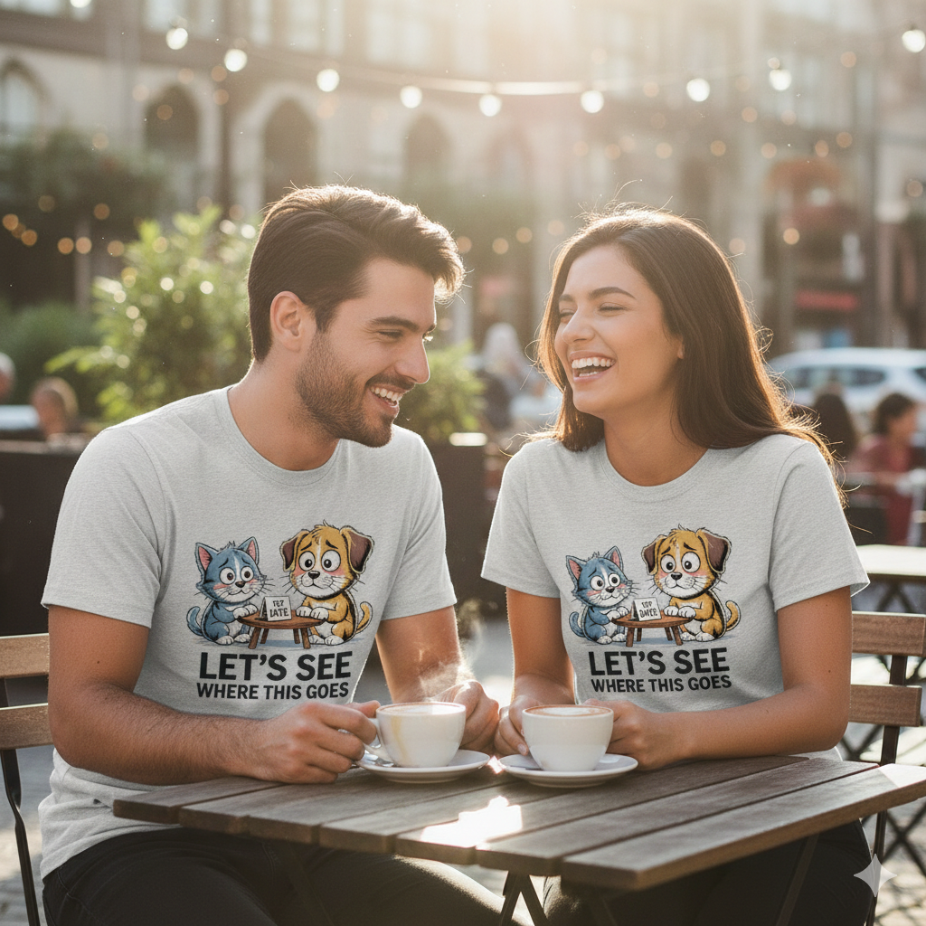 Pärchen lacht im Café, trägt passende "Let's see where this goes" Shirts mit Hund & Katze Design, warmes Sonnenlicht & Bokeh