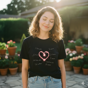 Frau im Premium Organic Shirt mit Herz-Print & „Ich liebe dich“ in vielen Sprachen, sonniges Garten-Setting, emotional & warm.