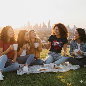Frau trägt „Happy Meowentine“ Katzen-T-Shirt beim Picknick mit Freundinnen, warmer Sonnenuntergang, herzliche Stimmung