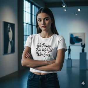 Weißes Damen Cropped Tee mit Wir Eins Print, Frau lächelt in der Sonne, hochwertiger Stoff, helles Lifestyle-Mockup