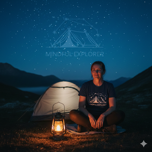 Navy Premium T-Shirt mit minimalistischer Zelt-Illustration und Sternbildern unter dem Schriftzug Mindful Explorer