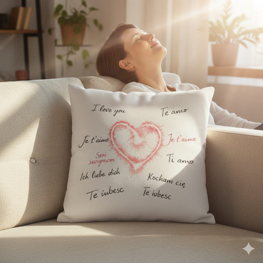 Weißes Deko-Kissen mit Herz & Liebesgrüßen in verschiedenen Sprachen. Warmer Lifestyle-Look im Sonnenlicht.