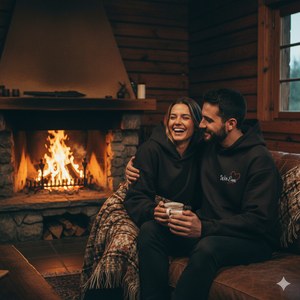 Weißer Oversized Hoodie mit Wir Eins Aufdruck, kuscheliger Stoff, Paar-Moment im hellen Wohnzimmer, emotionaler Vibe