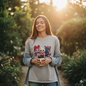 Oversized Shirt mit Katzen-Illustration im Strick-Look, gemütlicher Lifestyle-Vibe, weiche Stofftextur, Happy Meowentine