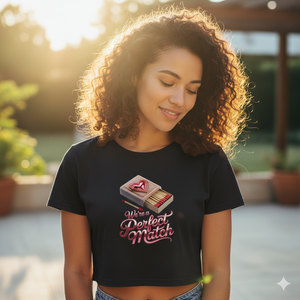 Frau in schwarzem Cropped Tee mit Matchbox-Design lächelt in warmer Abendsonne, weiches Bokeh, emotionaler Lifestyle-Vibe.