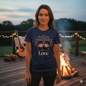 Paar auf Jahrmarkt, Frau trägt weinrotes Bio-Baumwolle Shirt mit Herz-Print, hält Herzballon, warme Sonnenstrahle