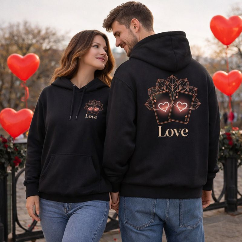 Bright Light Arts Premium Hoodie mit „Perfect Match Luxury Heart“ Design – kleiner Frontprint auf linker Brust und großer Backprint mit Herzspielkarten und Love-Schriftzug