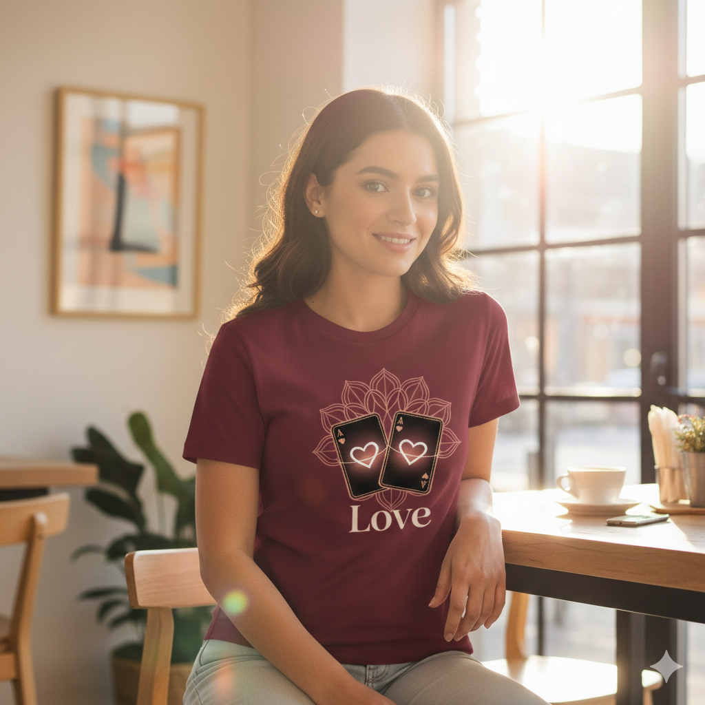 Frau im weinroten Perfect Match Heart Shirt sitzt lächelnd im Sonnenlicht eines Cafés, Valentinstag Lifestyle Vibe