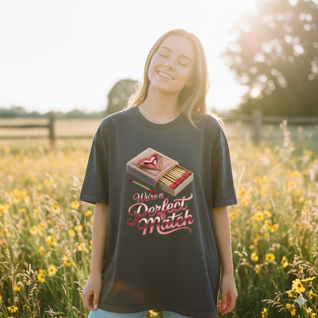 Lächelnde Frau im Perfect Match Oversized Shirt auf einer Blumenwiese bei warmem Sonnenuntergangslicht, emotionaler Vibe.