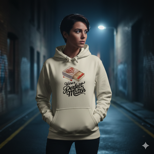 Person in bordeauxrotem Premium Hoodie, Kapuze sichtbar, Matchbox-Design, warmes Sonnenlicht, weiches Bokeh.