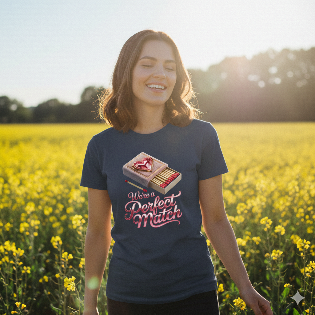 Premium T-Shirt mit Perfect Match Print, getragen von lächelndem Model in sonniger Natur, weiches Licht.