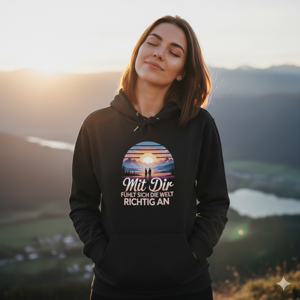 Frau trägt schwarzen Premium Hoodie mit Berggrafik „Mit Dir fühlt sich die Welt richtig an“, High-Key Sonnenuntergang.