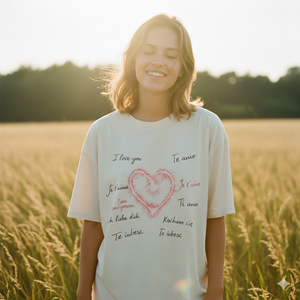 Frau in Oversized Shirt mit Herz-Print im goldenen Sonnenlicht eines Weizenfelds, authentischer 35mm Film-Look, warme Emotion