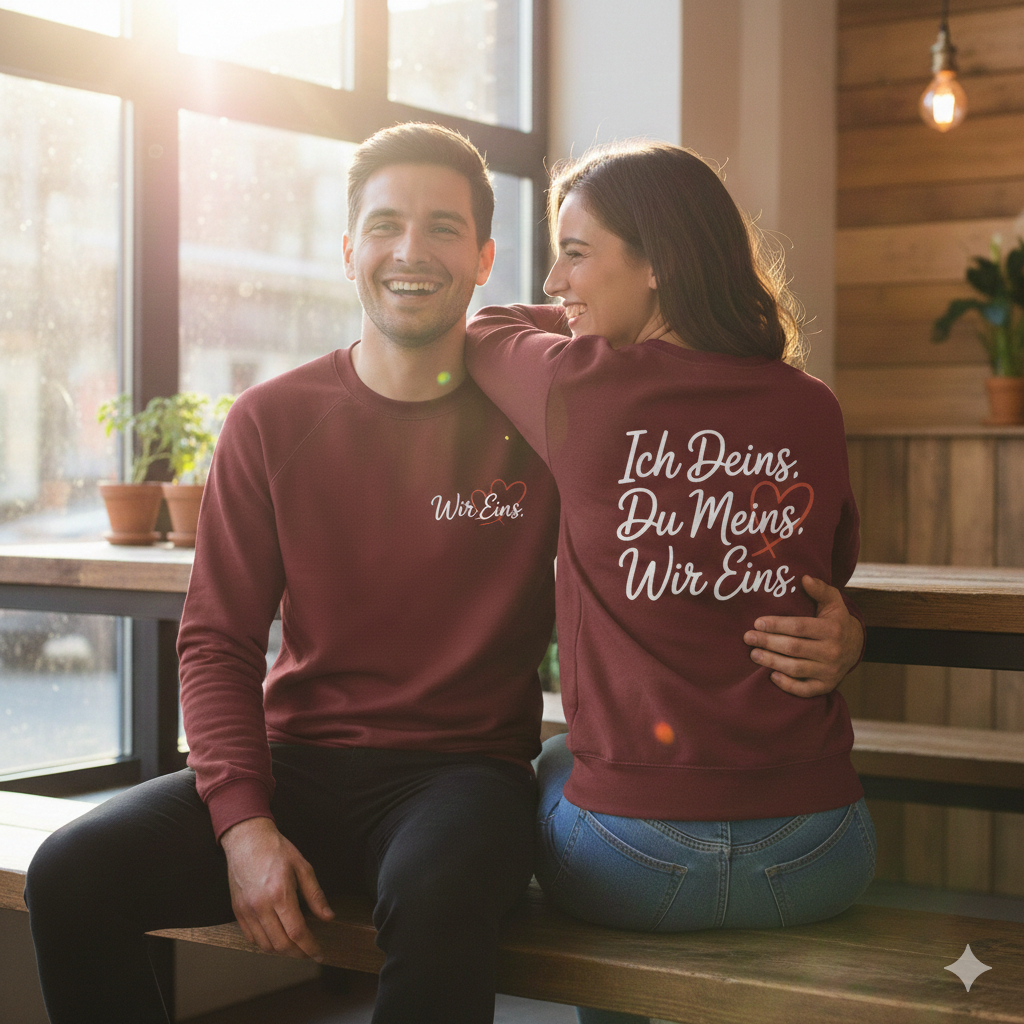 Paar in weißen Sweatshirts, einer zeigt den Brustdruck, einer den Rückendruck mit Wir Eins Statement, helles Licht