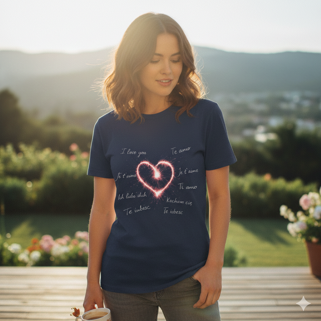 Frau in dunkelblauem Herz-T-Shirt genießt die goldene Stunde im Garten, warmes Sonnenlicht, emotionaler Vibe, 35mm Look.