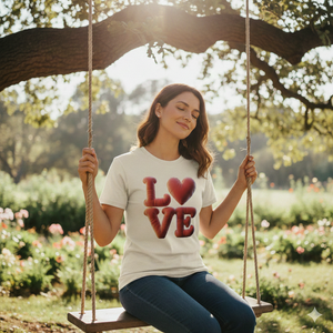 Frau trägt cremefarbenes Premium T-Shirt mit rotem 3D-Ballon LOVE Motiv – emotionales Bright Light Arts Mockup für Damen und Herren