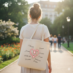 Jutebeutel Sprachen der Liebe mit Herz-Design getragen im sonnigen Park, emotionaler Lifestyle-Vibe, helle warme Farben.