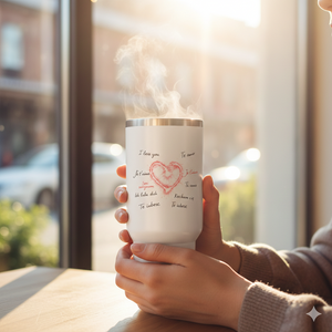 Thermobecher Sprachen der Liebe mit Herz-Motiv in warmem Sonnenlicht, emotionaler Lifestyle-Look.