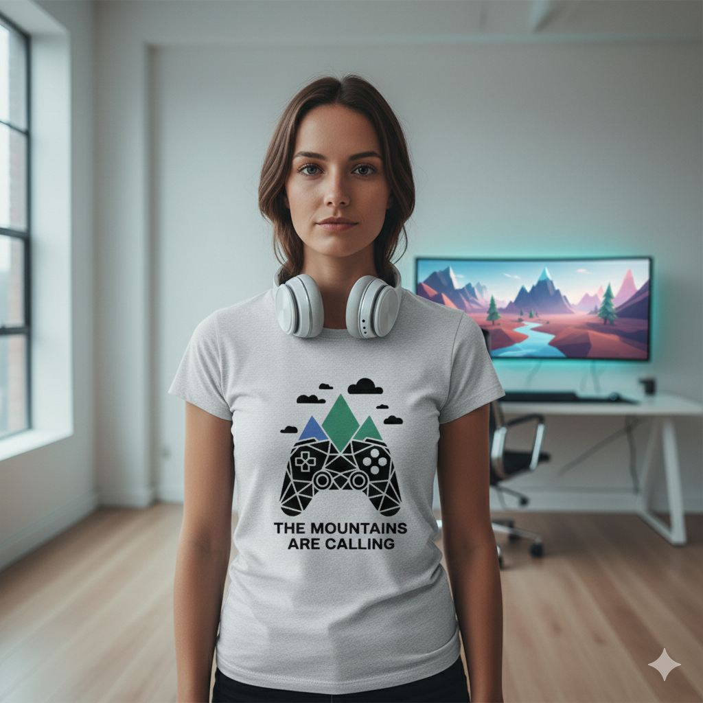 Weißes T-Shirt mit minimalistischem, grünen Polygon-Berg-Motiv im Indie-Game-Stil von Bright Light Arts
