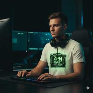 T-Shirt mit grünem Sci-Fi HUD-Interface Design und dem Schriftzug Zen Mode Activated von Bright Light Arts