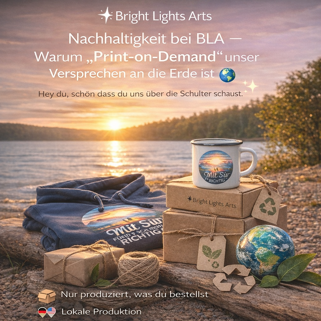 Nachhaltigkeit bei Bright Lights Arts – Warum „Print-on-Demand“ unser Versprechen an die Erde ist 🌍