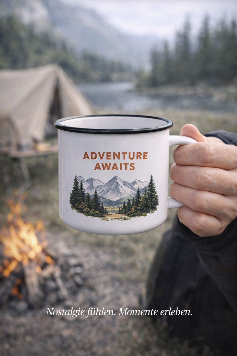 Emaille Tasse von Bright Light Arts im Retrolook mit schwarzem Rand und hochwertigem Designdruck