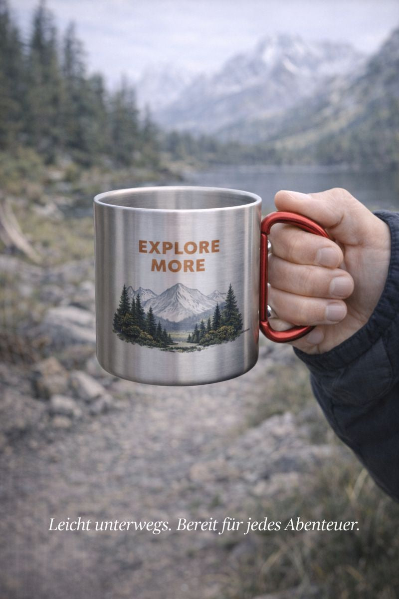 Edelstahl-Tasse von Bright Light Arts mit Karabinergriff, doppelwandiger Isolierung und robustem Outdoor-Design