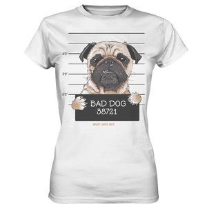 BAD DOG – Humorvolles Mugshot - Design mit Pug - Ladies Premium Shirt - Bright Lights Arts
