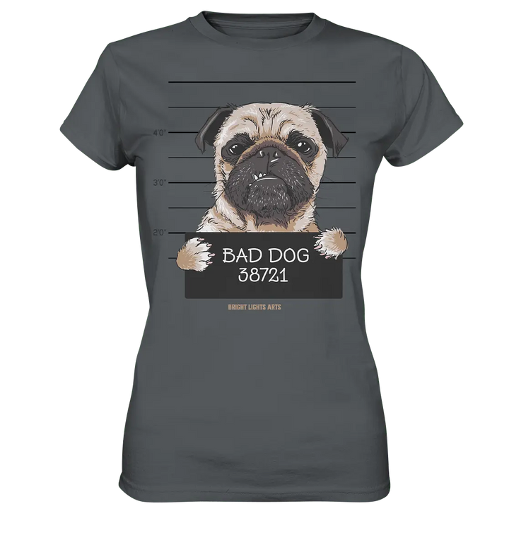 BAD DOG – Humorvolles Mugshot - Design mit Pug - Ladies Premium Shirt - Bright Lights Arts