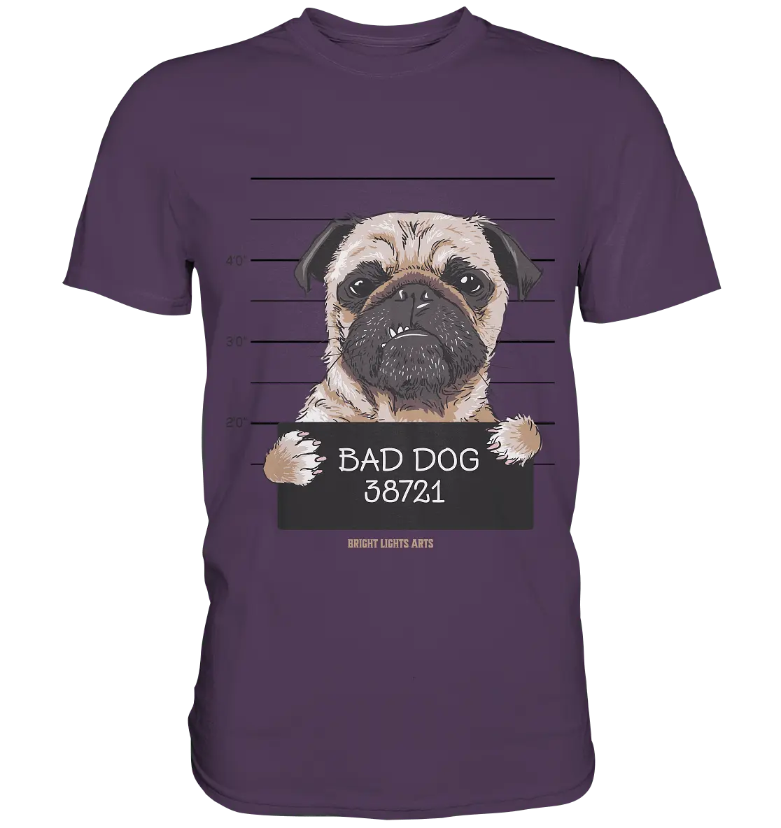 BAD DOG – Humorvolles Mugshot - Design mit Pug - Premium Shirt - Bright Lights Arts