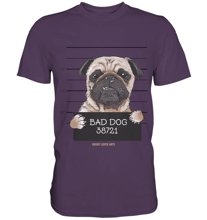 BAD DOG – Humorvolles Mugshot - Design mit Pug - Premium Shirt - Bright Lights Arts