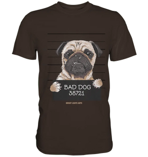 BAD DOG – Humorvolles Mugshot - Design mit Pug - Premium Shirt - Bright Lights Arts