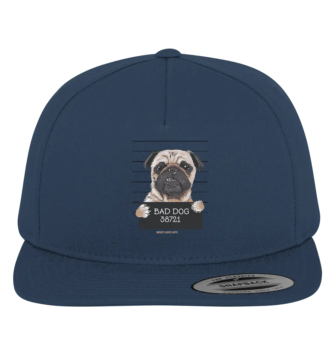 BAD DOG – Humorvolles Mugshot - Design mit Pug - Premium Snapback - Bright Lights Arts