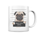 BAD DOG – Humorvolles Mugshot - Design mit Pug - Tasse glossy - Bright Lights Arts