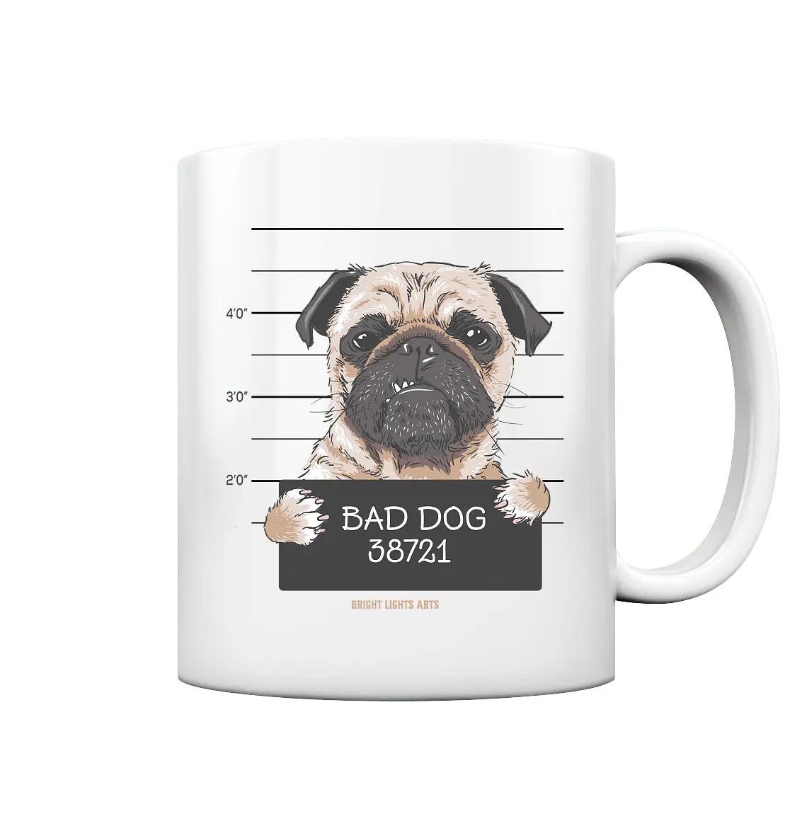 BAD DOG – Humorvolles Mugshot - Design mit Pug - Tasse glossy - Bright Lights Arts